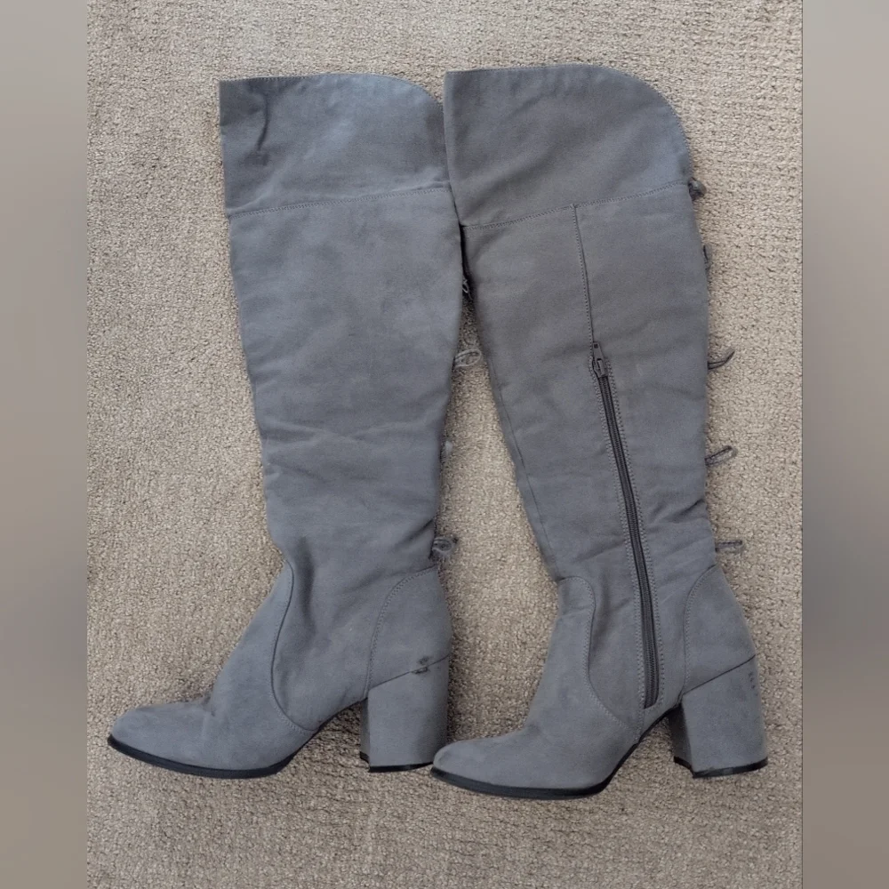 Charming Charlie Tall Bow Back Detail Grey Suede Heeled Boots